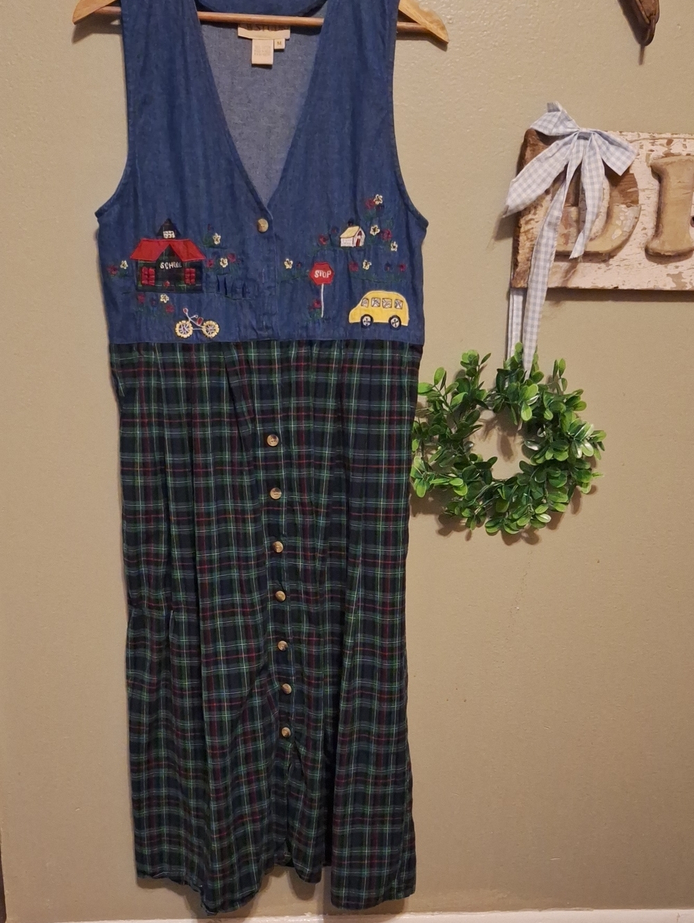 Vintage Embroidered Denim & Green Plaid Button-Front Maxi Dress M CW Studios